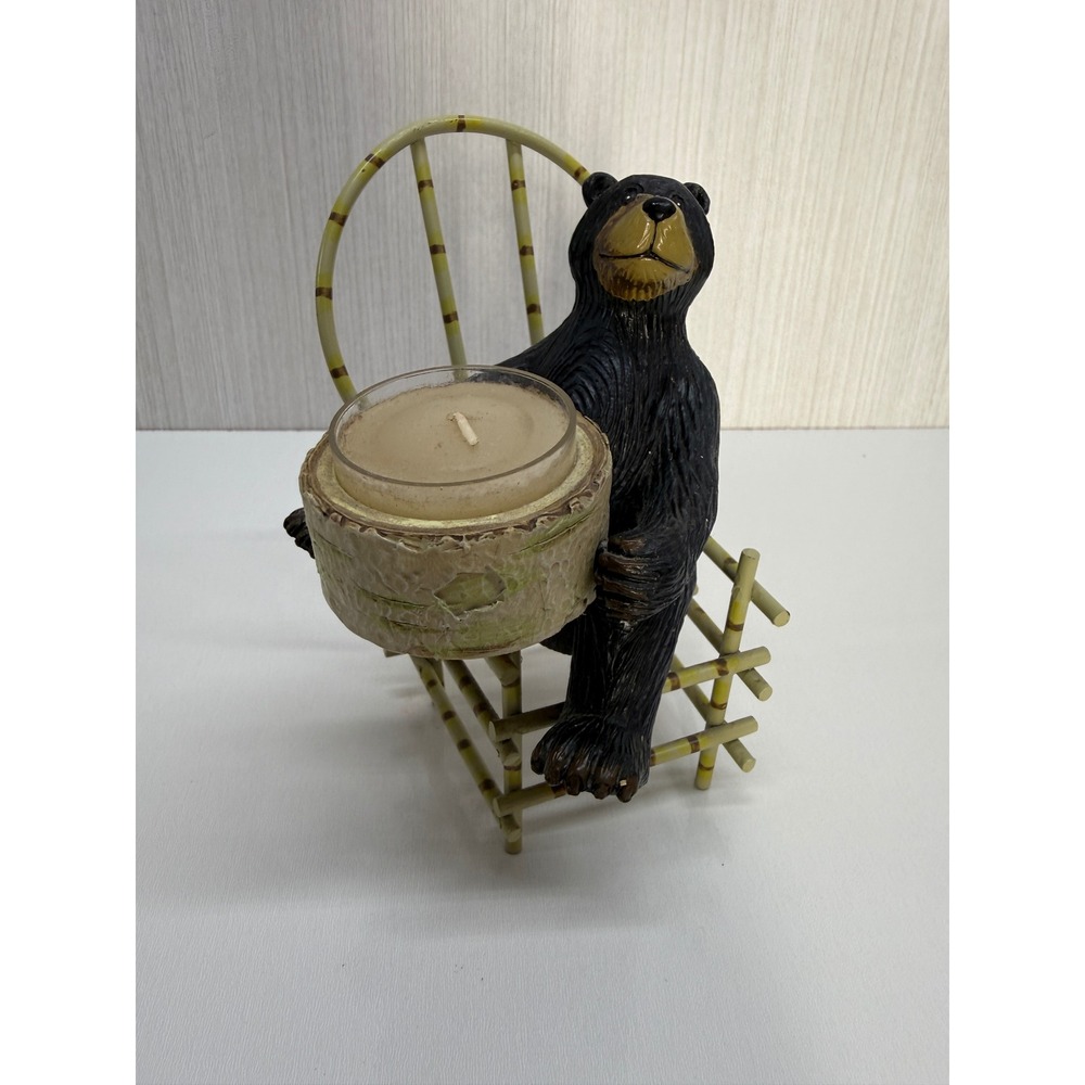 Rustic Black Bear Figurine in Bamboo Chair Votive Candle Holder Cabin Decor